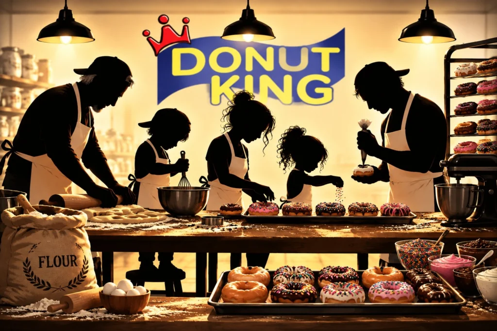 Illustration of a family in silhouette making donuts together, with the Donut King logo on the wall behind them