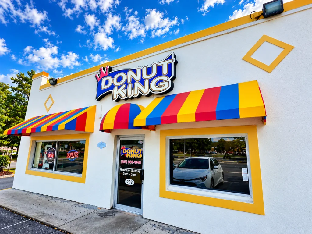The Donut King shop in Minneola: a white building with yellow trim, the blue Donut King crown sign, and red, yellow and blue striped awnings over the door and windows